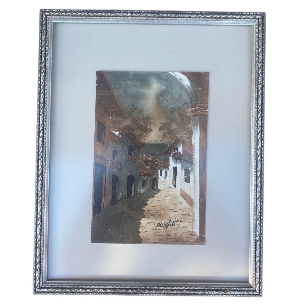 Village street art painting frame copy watercolor framed wall hanging signed